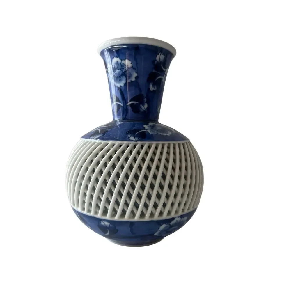 Chinese Porcelain Signed basket weave vase Excellent Perfect Mint Blue White